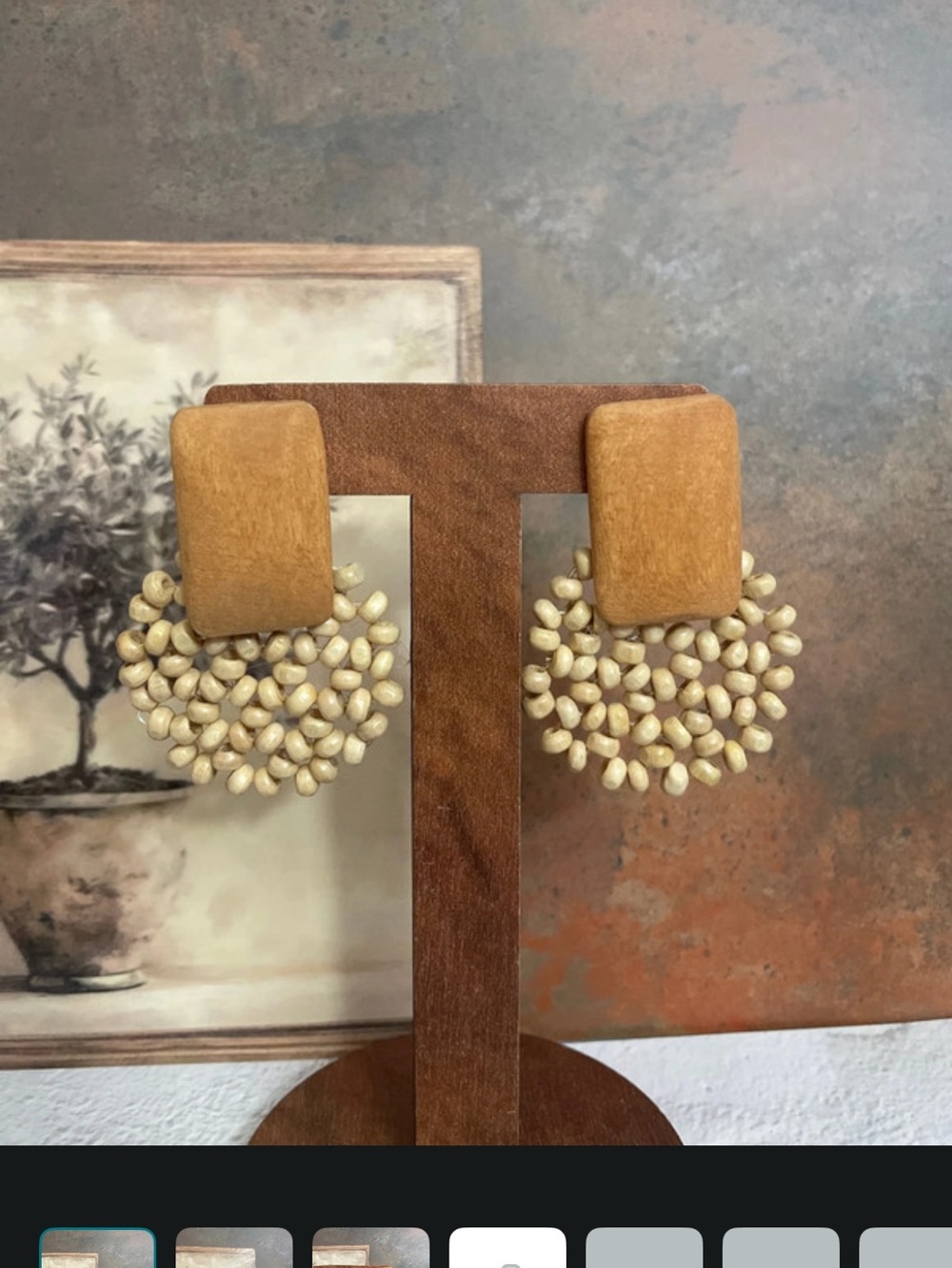 Cream Beaded Circle Drop Earrings with Wooden Studs